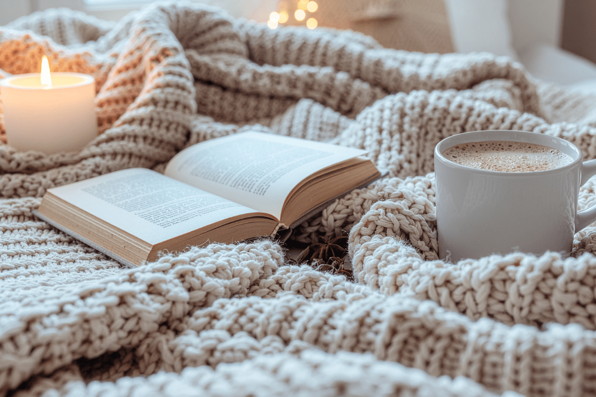 Livre ouvert et tasse de café sur un plaid douillet - Méditation sur ce qu'est le détachement émotionnel et comment l'hypnose à Montpellier peut aider à s'apaiser